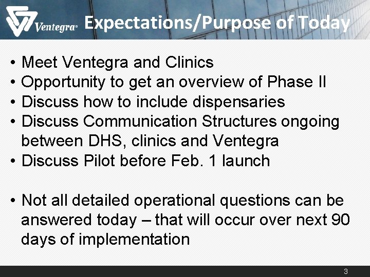 Expectations/Purpose of Today • • Meet Ventegra and Clinics Opportunity to get an overview Expectations/Purpose of Today • • Meet Ventegra and Clinics Opportunity to get an overview