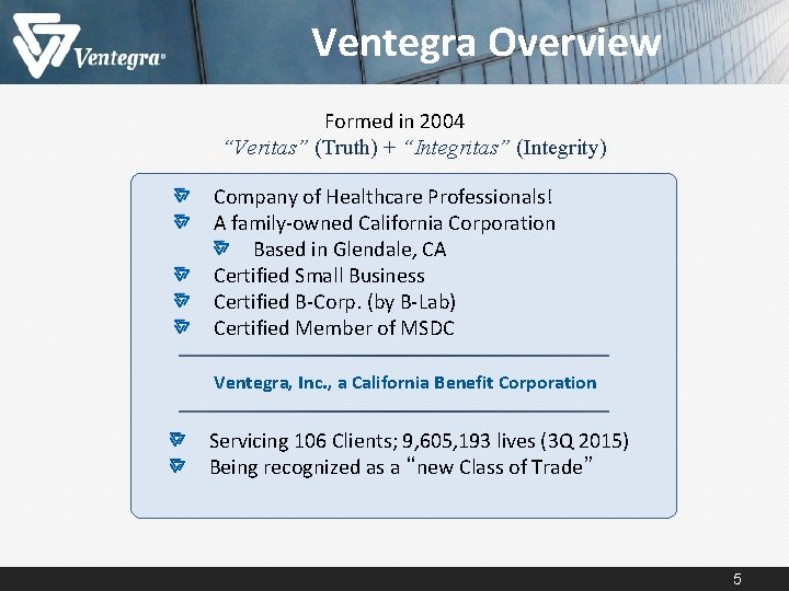 Ventegra Overview Formed in 2004 “Veritas” (Truth) + “Integritas” (Integrity) Company of Healthcare Professionals! Ventegra Overview Formed in 2004 “Veritas” (Truth) + “Integritas” (Integrity) Company of Healthcare Professionals!