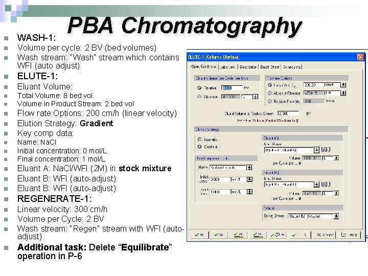 PBA Chromatography n WASH-1: n n Volume per cycle: 2 BV (bed volumes) Wash