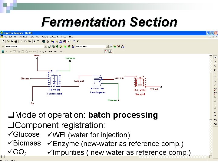 Fermentation Section q. Mode of operation: batch processing q. Component registration: üGlucose üWFI (water
