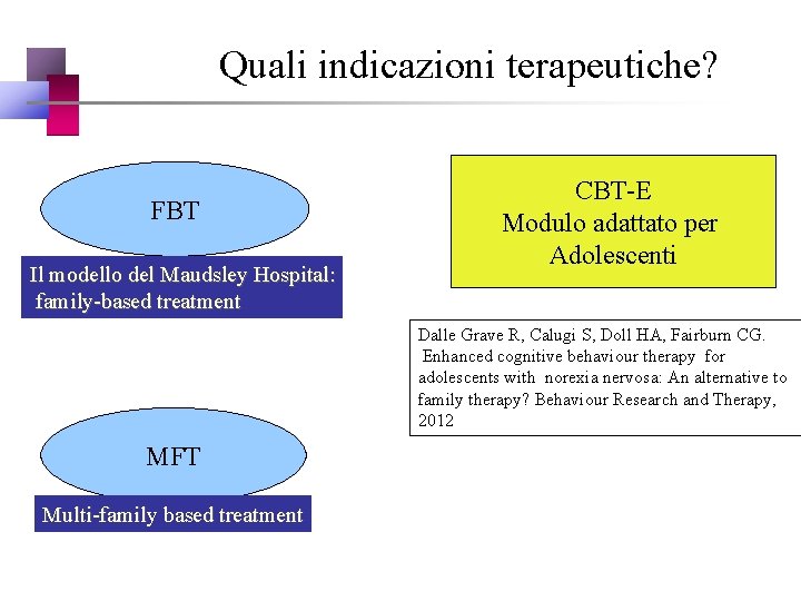 Quali indicazioni terapeutiche? FBT Il modello del Maudsley Hospital: family-based treatment CBT-E Modulo adattato