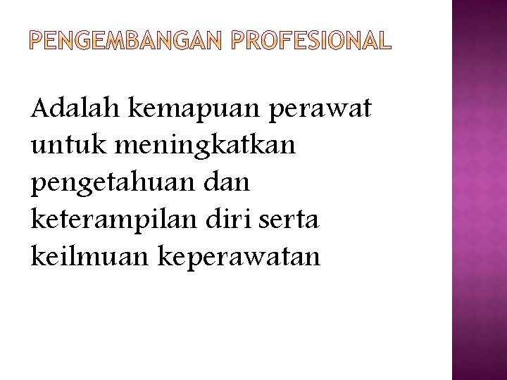 Adalah kemapuan perawat untuk meningkatkan pengetahuan dan keterampilan diri serta keilmuan keperawatan 