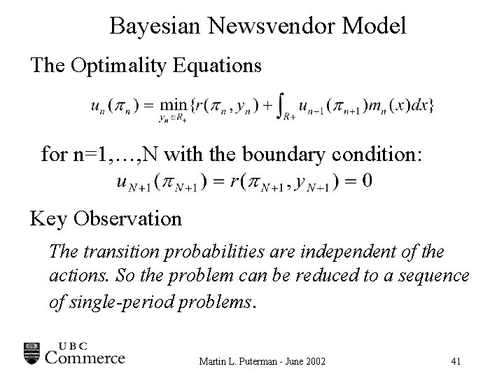 Bayesian Newsvendor Model The Optimality Equations for n=1, …, N with the boundary condition: