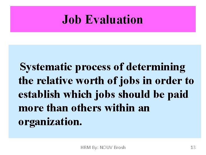 Job Evaluation Systematic process of determining the relative worth of jobs in order to