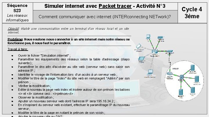 Séquence S 23 Simuler internet avec Packet tracer - Activité N° 3 Les réseaux