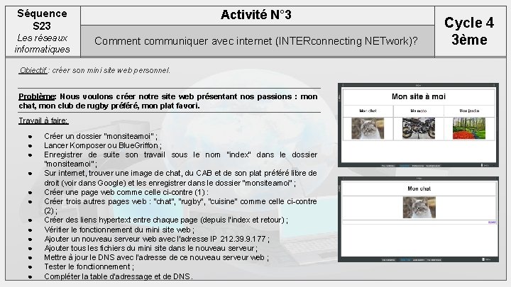 Séquence S 23 Activité N° 3 Les réseaux informatiques Comment communiquer avec internet (INTERconnecting