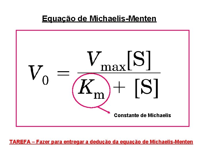 Equação de Michaelis-Menten Constante de Michaelis TAREFA – Fazer para entregar a dedução da Equação de Michaelis-Menten Constante de Michaelis TAREFA – Fazer para entregar a dedução da