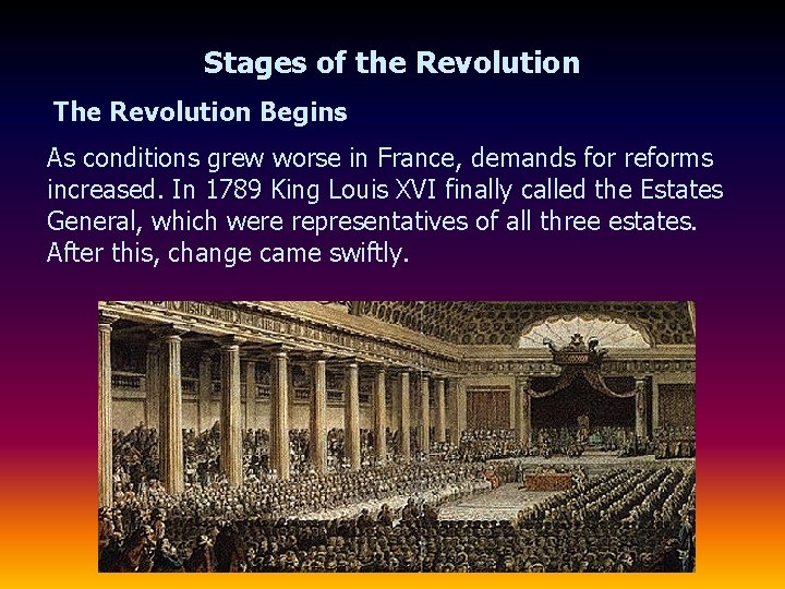 Stages of the Revolution The Revolution Begins As conditions grew worse in France, demands