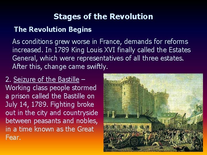 Stages of the Revolution The Revolution Begins As conditions grew worse in France, demands