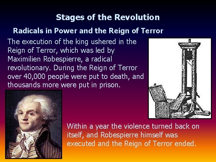 Stages of the Revolution Radicals in Power and the Reign of Terror The execution