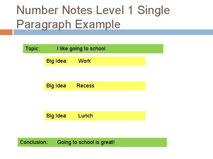 Number Notes Level 1 Single Paragraph Example Topic: I like going to school Big