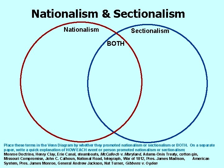Nationalism & Sectionalism Nationalism Sectionalism BOTH Place these terms in the Venn Diagram by