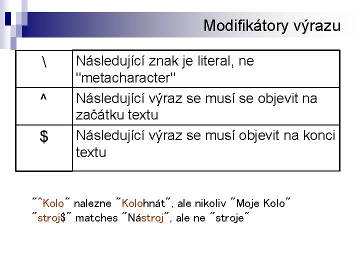Modifikátory výrazu  ^ $ Následující znak je literal, ne "metacharacter" Následující výraz se