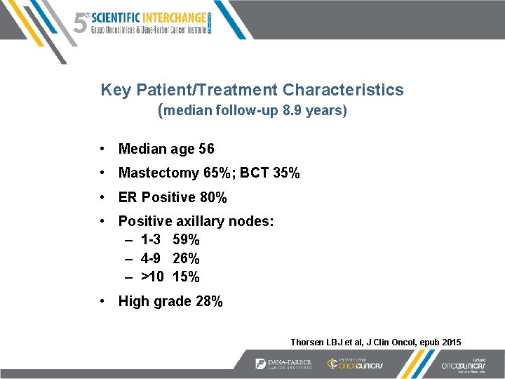 Key Patient/Treatment Characteristics (median follow-up 8. 9 years) • Median age 56 • Mastectomy