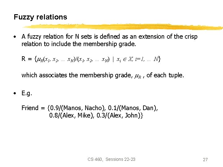 Fuzzy relations • A fuzzy relation for N sets is defined as an extension