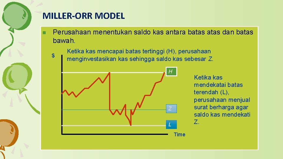 MILLER-ORR MODEL n Perusahaan menentukan saldo kas antara batas dan batas bawah. $ Ketika MILLER-ORR MODEL n Perusahaan menentukan saldo kas antara batas dan batas bawah. $ Ketika
