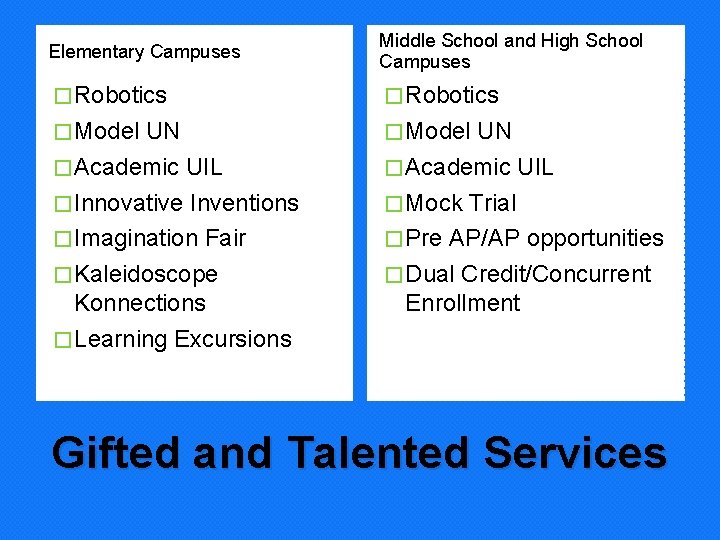 Elementary Campuses Middle School and High School Campuses � Robotics � Model UN �