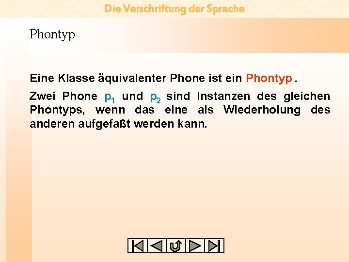 Die Verschriftung der Sprache Phontyp Eine Klasse äquivalenter Phone ist ein Phontyp. Zwei Phone