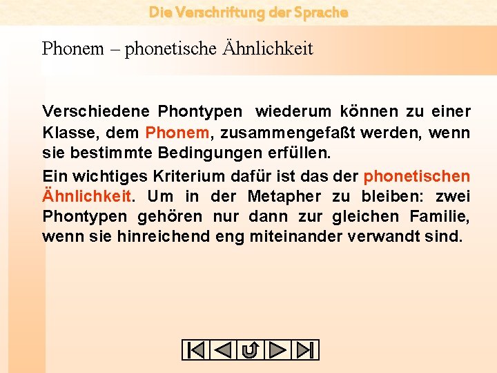 Die Verschriftung der Sprache Phonem – phonetische Ähnlichkeit Verschiedene Phontypen wiederum können zu einer