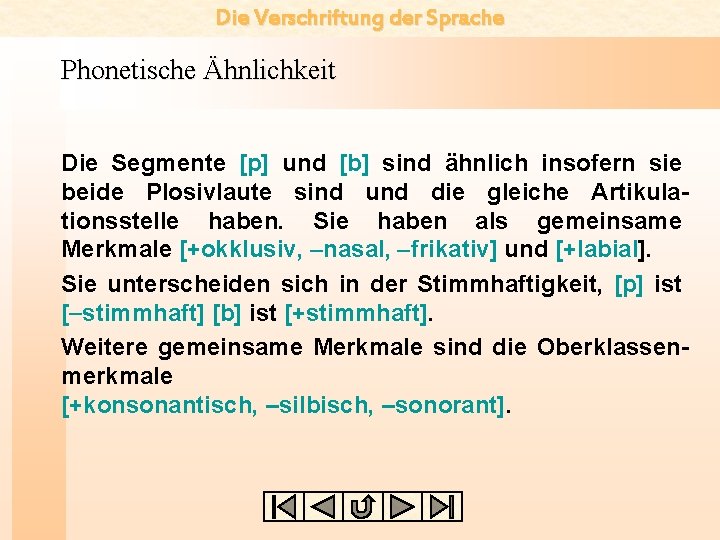 Die Verschriftung der Sprache Phonetische Ähnlichkeit Die Segmente [p] und [b] sind ähnlich insofern