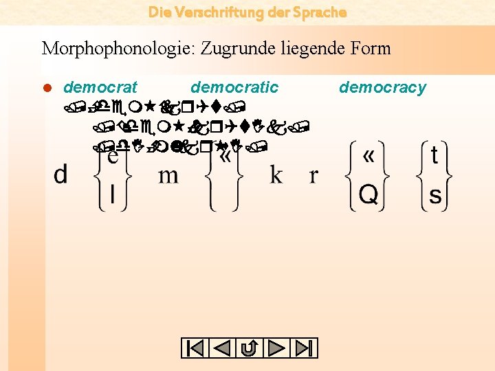 Die Verschriftung der Sprache Morphophonologie: Zugrunde liegende Form l democratic /È dem Ç kr.