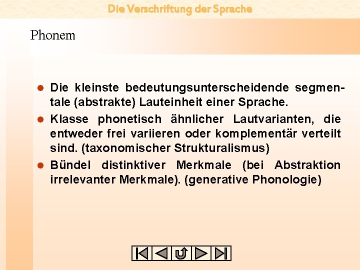 Die Verschriftung der Sprache Phonem Die kleinste bedeutungsunterscheidende segmentale (abstrakte) Lauteinheit einer Sprache. l