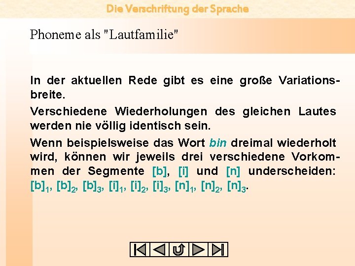 Die Verschriftung der Sprache Phoneme als "Lautfamilie" In der aktuellen Rede gibt es eine