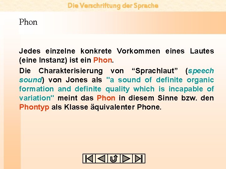 Die Verschriftung der Sprache Phon Jedes einzelne konkrete Vorkommen eines Lautes (eine Instanz) ist