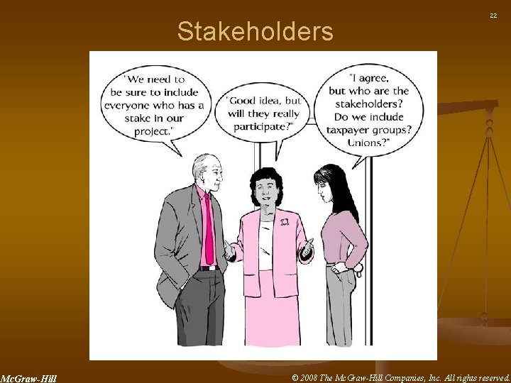 Stakeholders Mc. Graw-Hill 22 © 2008 The Mc. Graw-Hill Companies, Inc. All rights reserved. Stakeholders Mc. Graw-Hill 22 © 2008 The Mc. Graw-Hill Companies, Inc. All rights reserved.