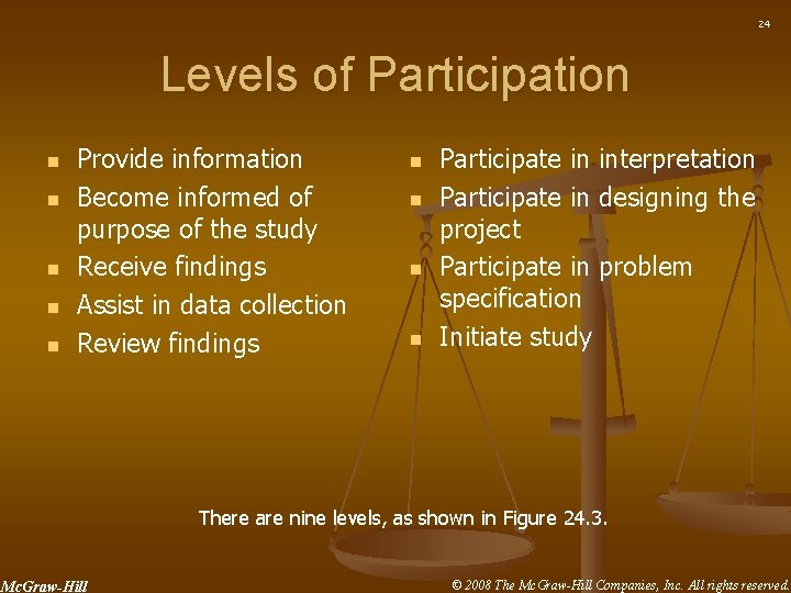 24 Levels of Participation n n Provide information Become informed of purpose of the