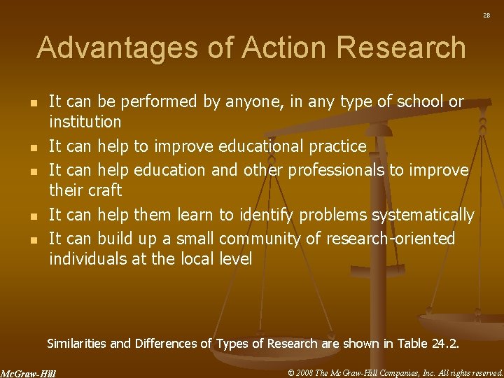 28 Advantages of Action Research n n n It can be performed by anyone,