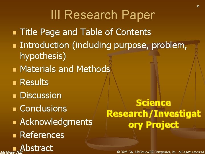 33 III Research Paper Title Page and Table of Contents n Introduction (including purpose,