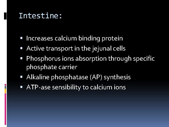 Intestine: Increases calcium binding protein Active transport in the jejunal cells Phosphorus ions absorption
