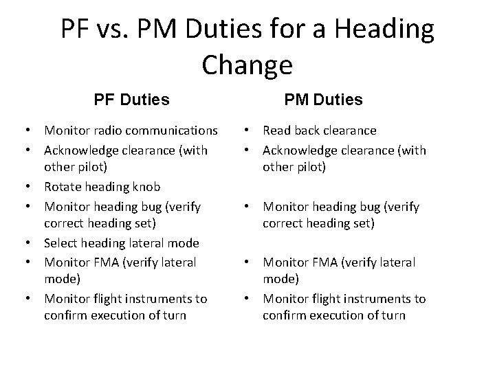 PF vs. PM Duties for a Heading Change PF Duties • Monitor radio communications PF vs. PM Duties for a Heading Change PF Duties • Monitor radio communications