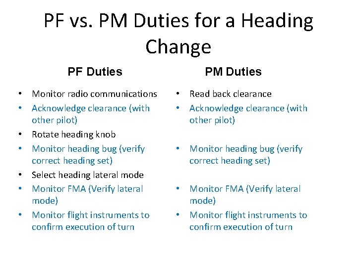 PF vs. PM Duties for a Heading Change PF Duties • Monitor radio communications PF vs. PM Duties for a Heading Change PF Duties • Monitor radio communications