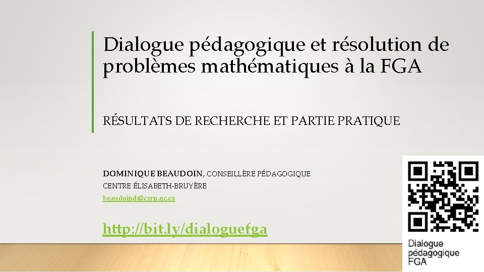 Dialogue pédagogique et résolution de problèmes mathématiques à la FGA RÉSULTATS DE RECHERCHE ET