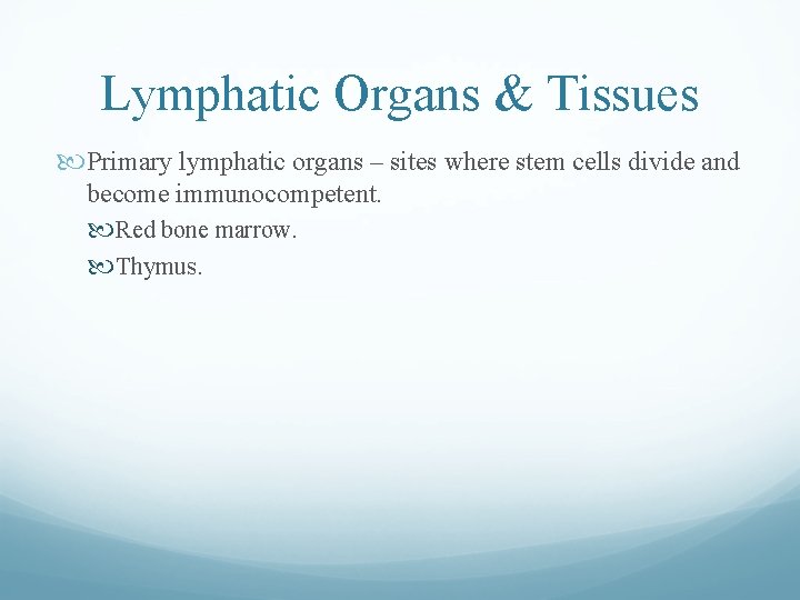 Lymphatic Organs & Tissues Primary lymphatic organs – sites where stem cells divide and Lymphatic Organs & Tissues Primary lymphatic organs – sites where stem cells divide and