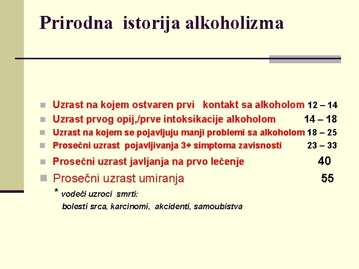 Prirodna istorija alkoholizma n Uzrast na kojem ostvaren prvi kontakt sa alkoholom 12 –