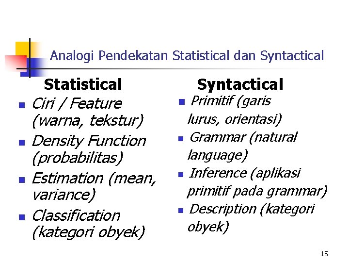 Analogi Pendekatan Statistical dan Syntactical Statistical n n Ciri / Feature (warna, tekstur) Density