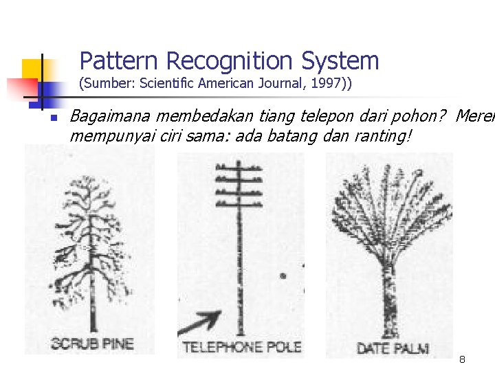 Pattern Recognition System (Sumber: Scientific American Journal, 1997)) n Bagaimana membedakan tiang telepon dari