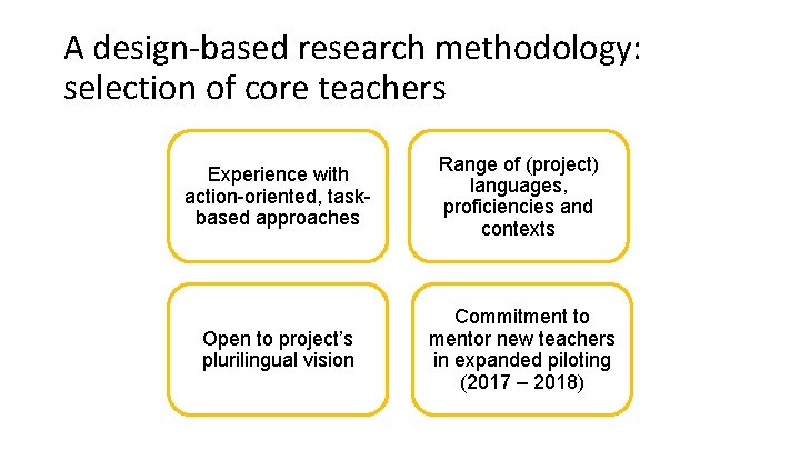 A design-based research methodology: selection of core teachers Experience with action-oriented, taskbased approaches Range A design-based research methodology: selection of core teachers Experience with action-oriented, taskbased approaches Range
