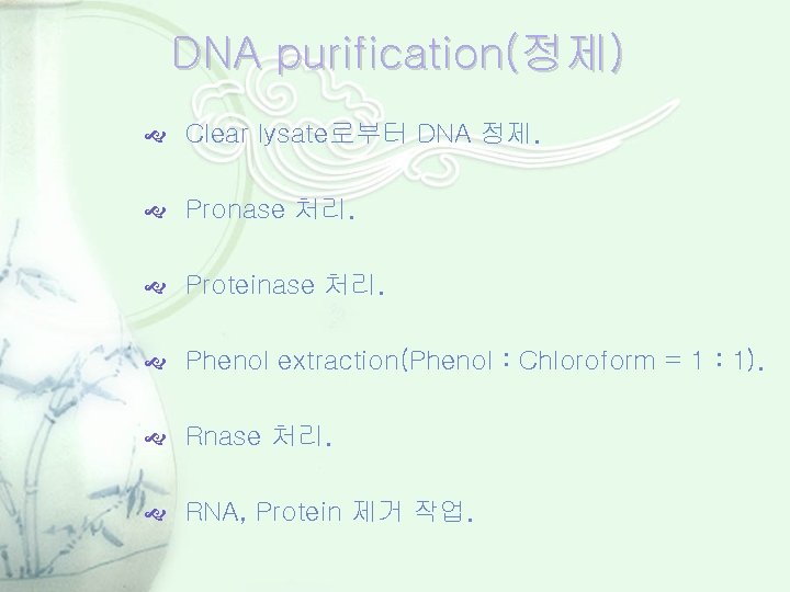 DNA purification(정제) Clear lysate로부터 DNA 정제. Pronase 처리. Proteinase 처리. Phenol extraction(Phenol : Chloroform