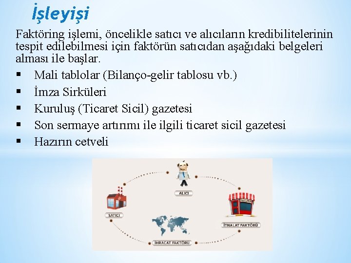 İşleyişi Faktöring işlemi, öncelikle satıcı ve alıcıların kredibilitelerinin tespit edilebilmesi için faktörün satıcıdan aşağıdaki