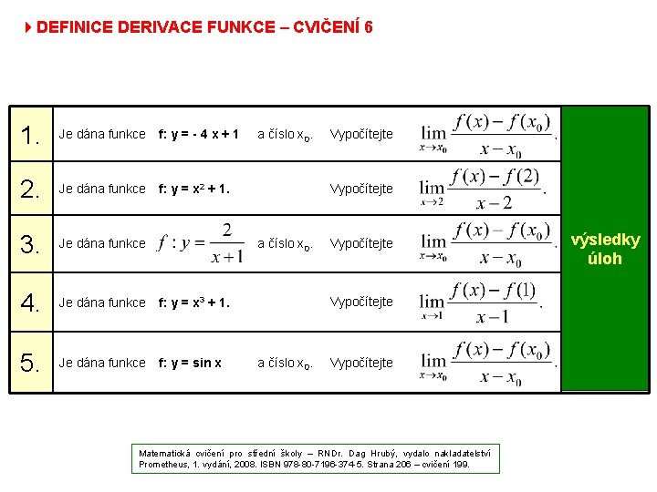 4 DEFINICE DERIVACE FUNKCE – CVIČENÍ 6 1. Je dána funkce f: y =