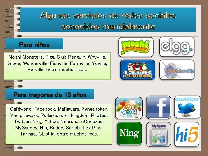 Algunos servicios de redes sociales conocidos mundialmente Para niños Moshi Monsters, Elgg, Club Penguin,