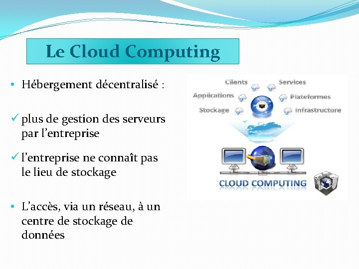 Le Cloud Computing • Hébergement décentralisé : ü plus de gestion des serveurs par