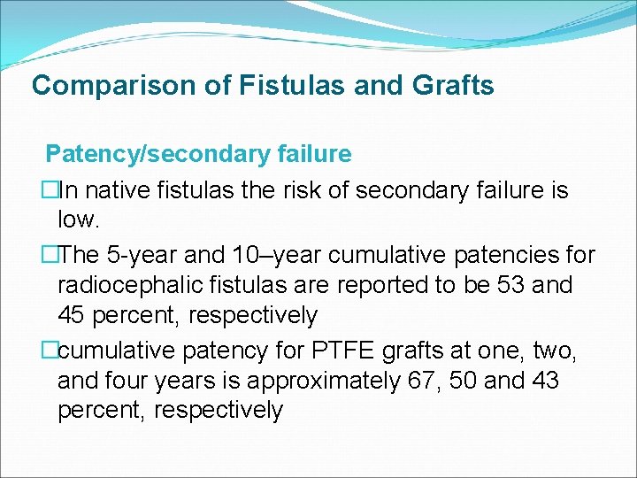 Comparison of Fistulas and Grafts Patency/secondary failure �In native fistulas the risk of secondary