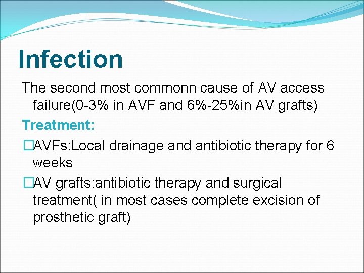 Infection The second most commonn cause of AV access failure(0 -3% in AVF and