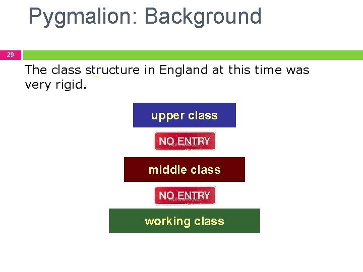 Pygmalion: Background 29 The class structure in England at this time was very rigid.