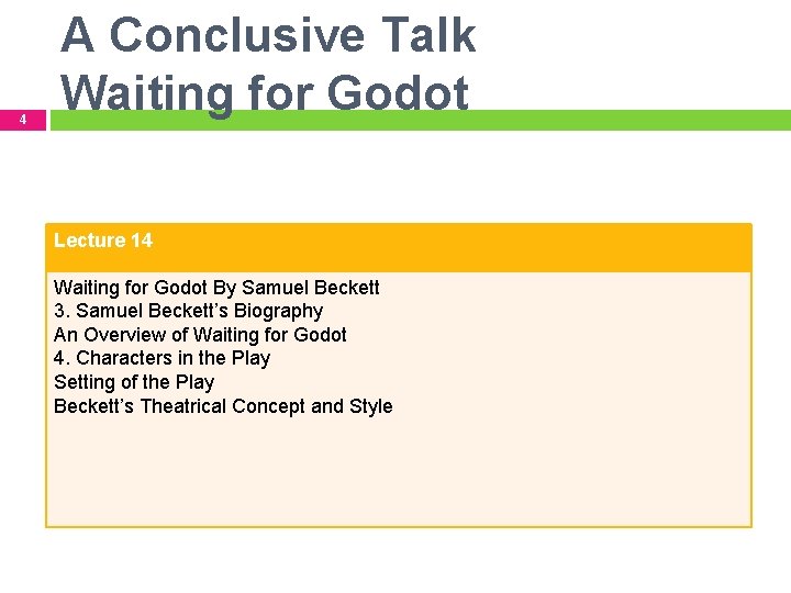 4 A Conclusive Talk Waiting for Godot Lecture 14 Waiting for Godot By Samuel